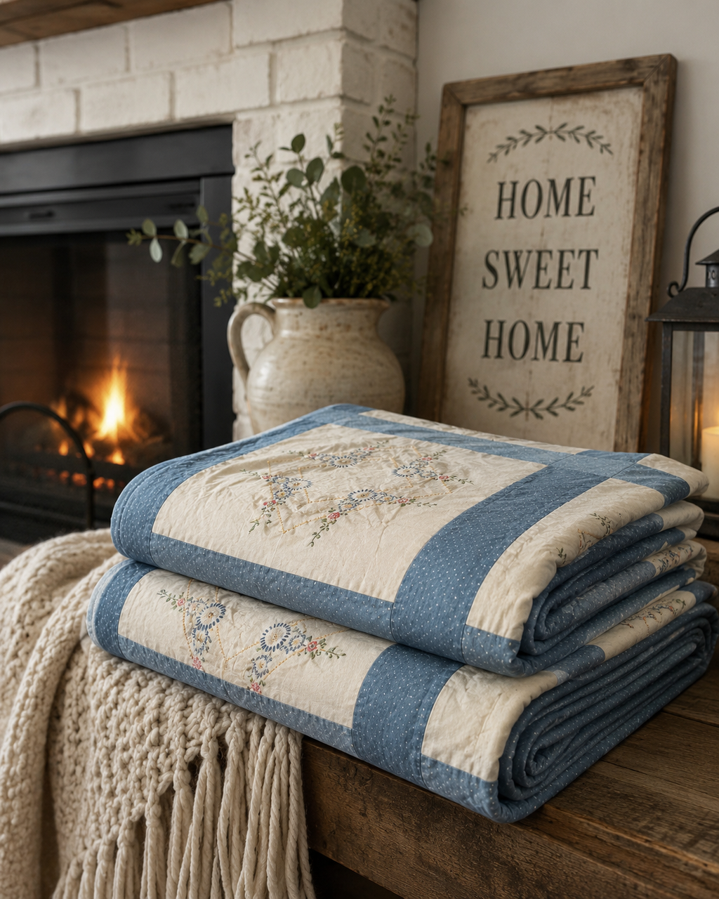 Vintage Embroidered Blue Sashed Quilt Top