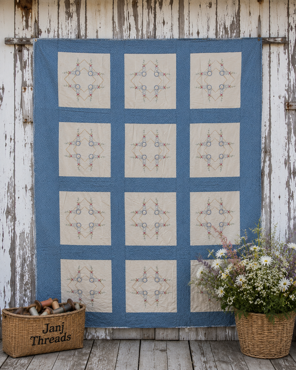 Vintage Embroidered Blue Sashed Quilt Top