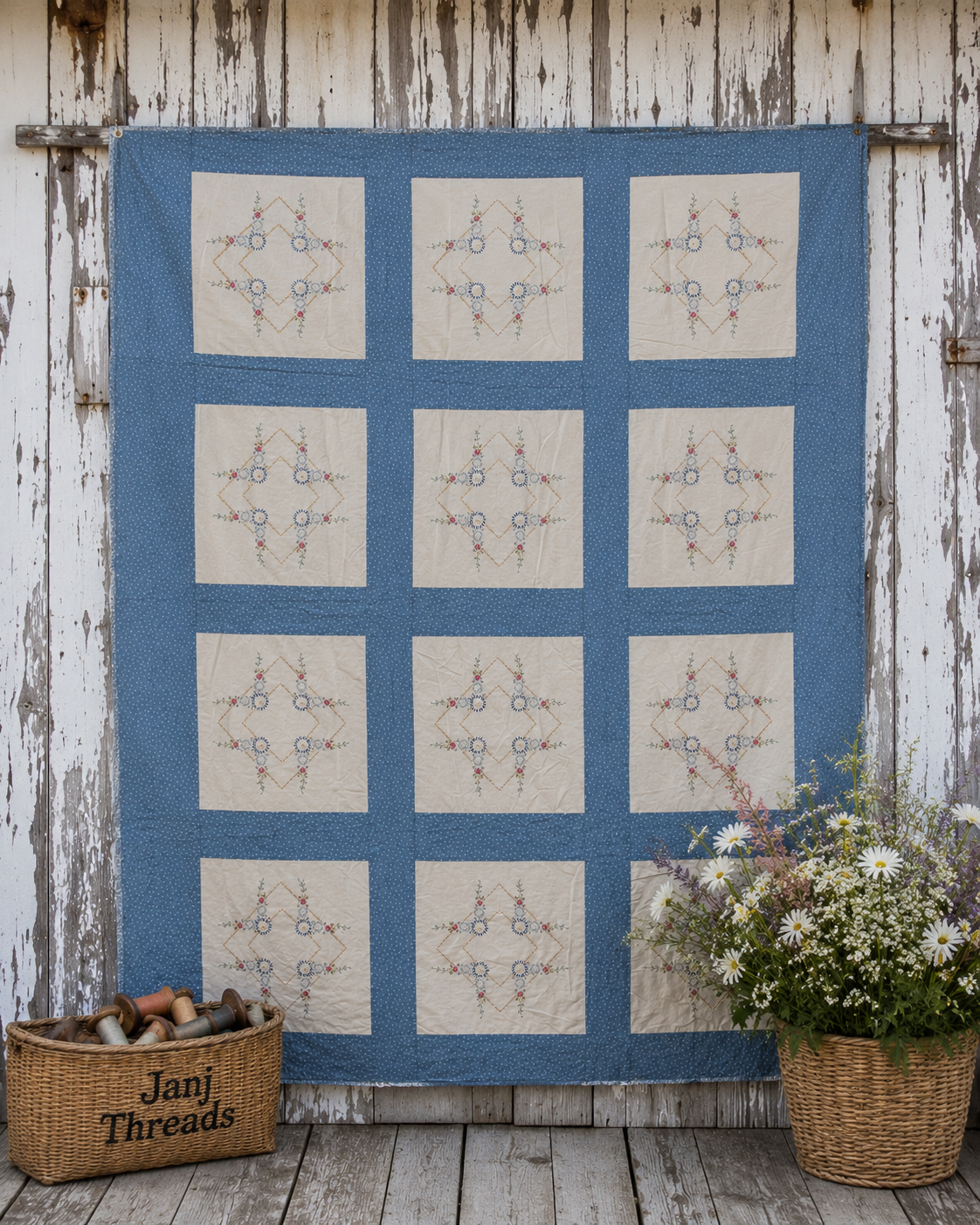 Vintage Embroidered Blue Sashed Quilt Top