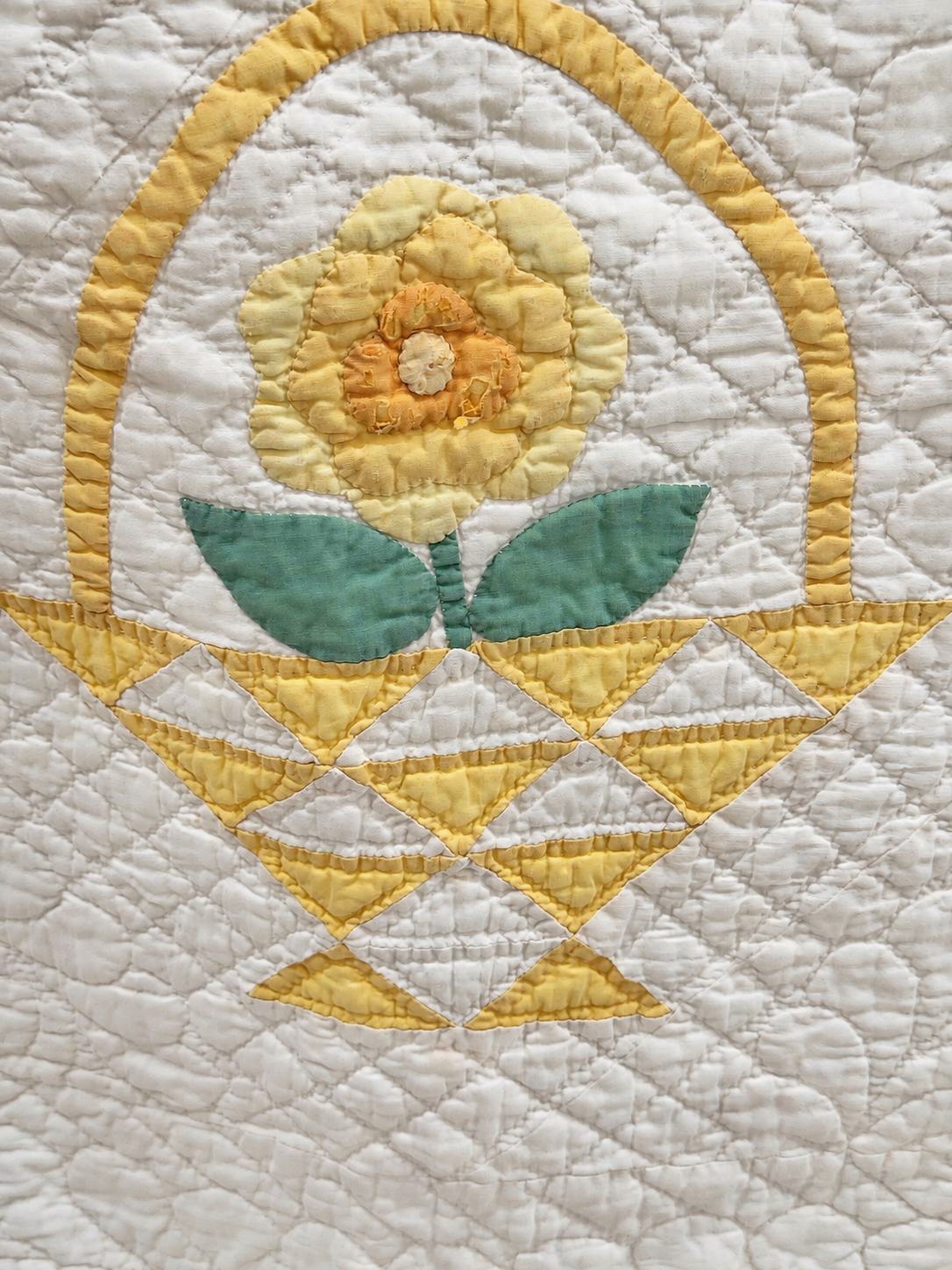 Vintage Quilt Yellow Pieced Flower Basket with Applique Flowers