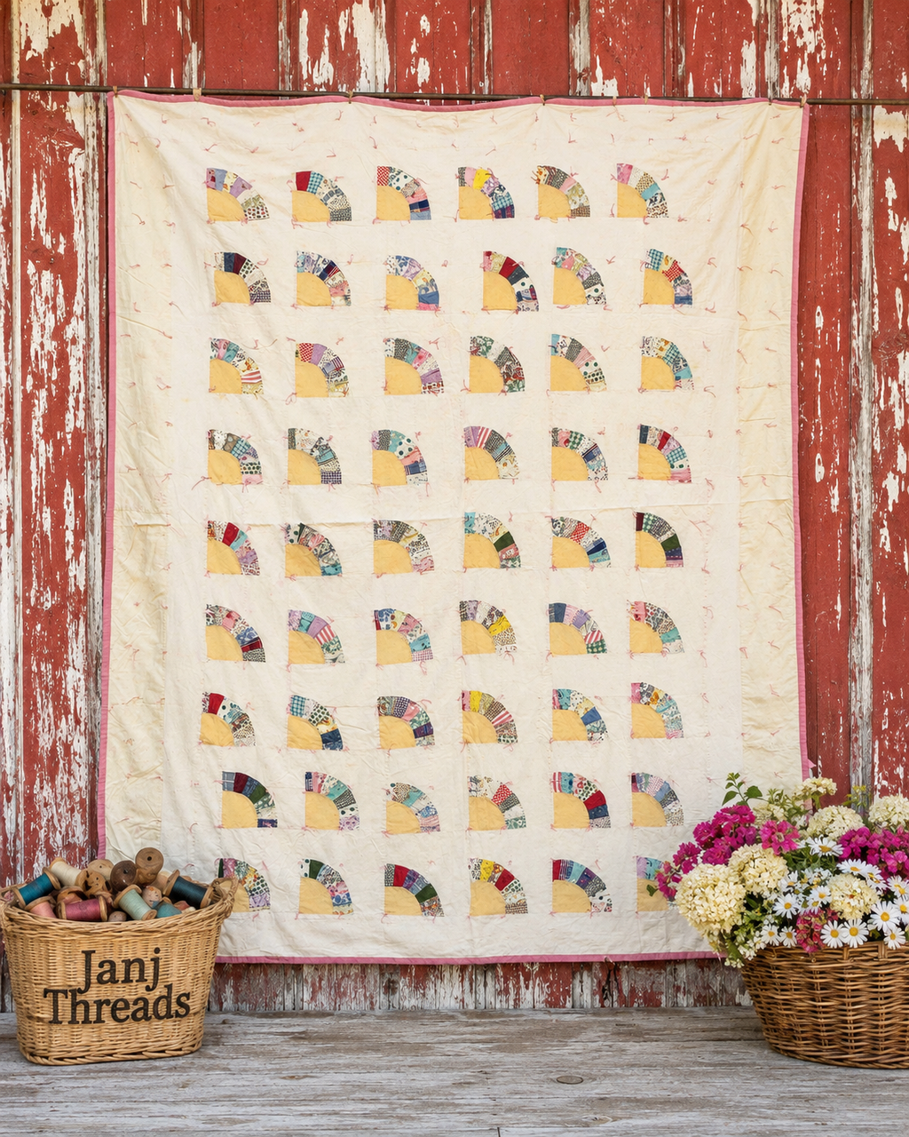 Vintage Quilt Scrappy Grandmother's Fan