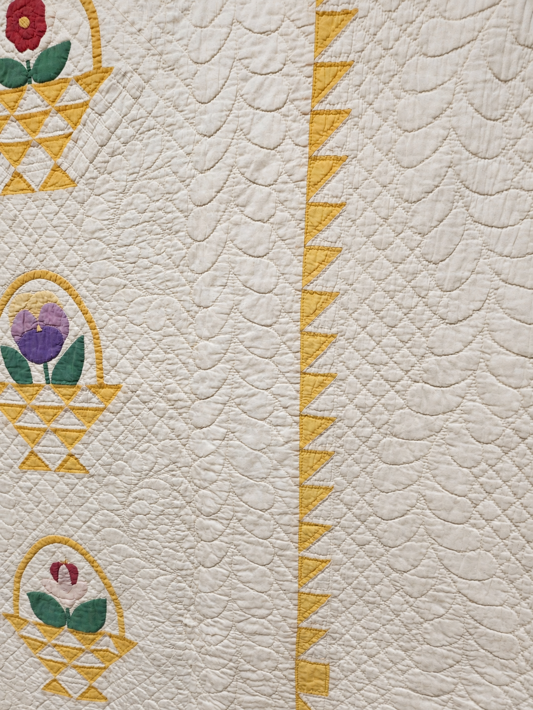 Vintage Quilt Yellow Pieced Flower Basket with Applique Flowers