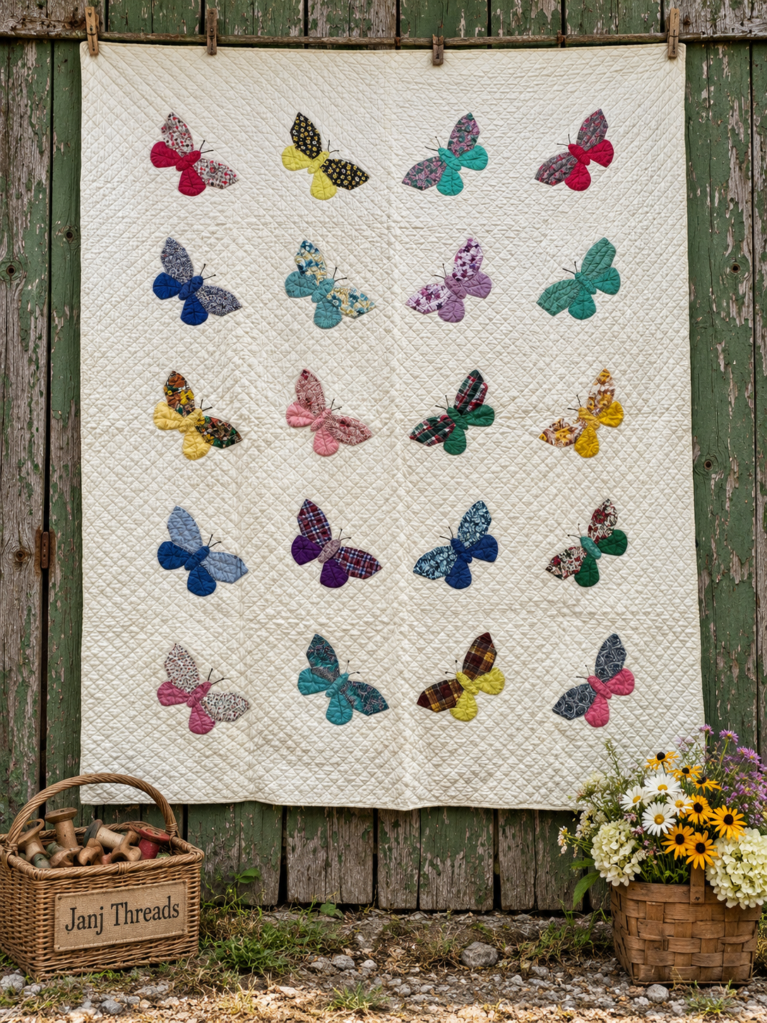 **SOLD Vintage Quilt Butterfly Applique on White  SOLD**
