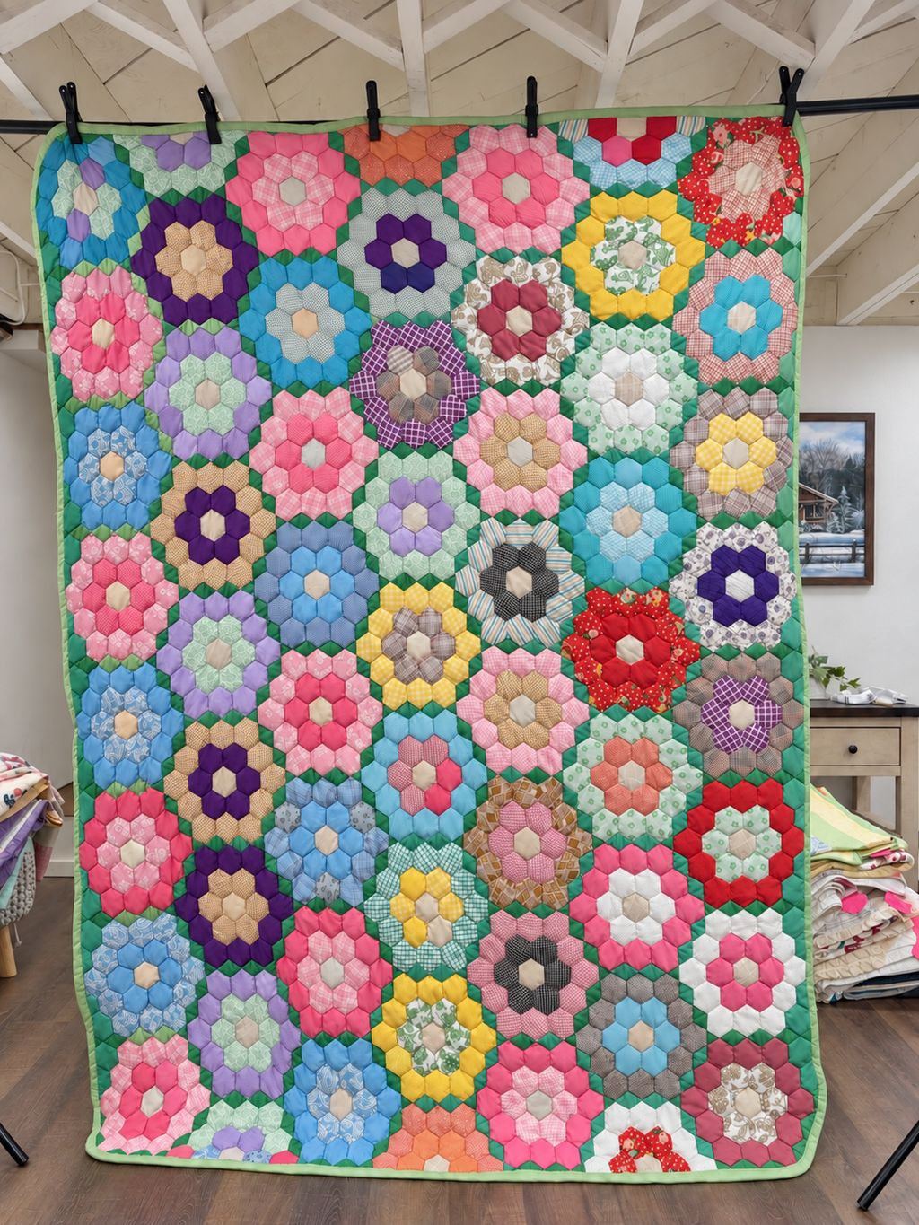 Vintage Quilt Polyester Grandmother's Flower Garden