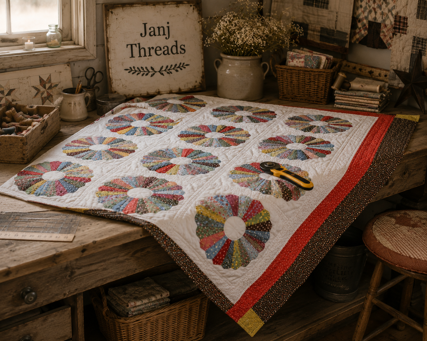 Vintage Feedsack Dresden Plate Cutter Quilt