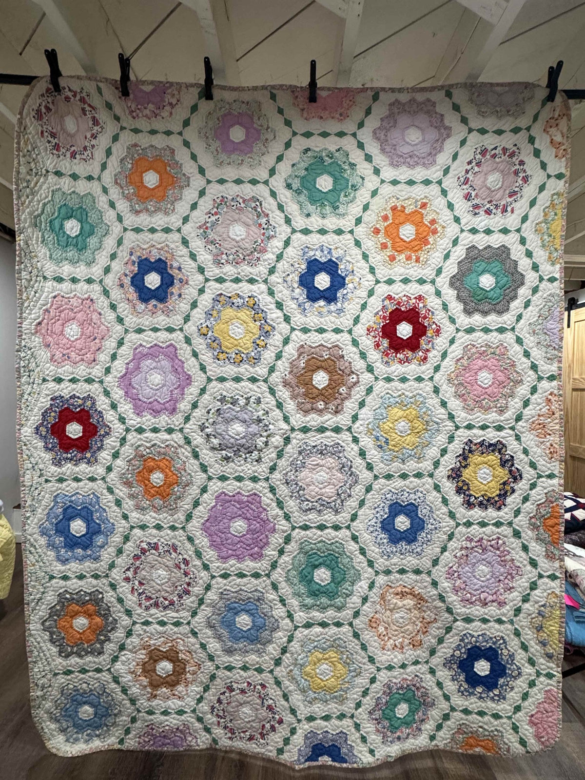 **SOLD Vintage Quilt Grandmother's Flower Garden with Green Lattice SOLD**