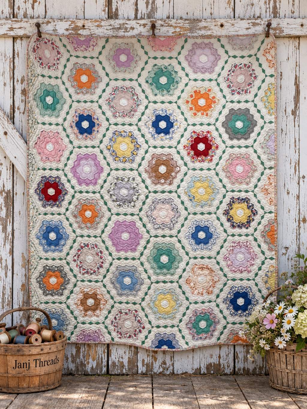 **SOLD Vintage Quilt Grandmother's Flower Garden with Green Lattice SOLD**