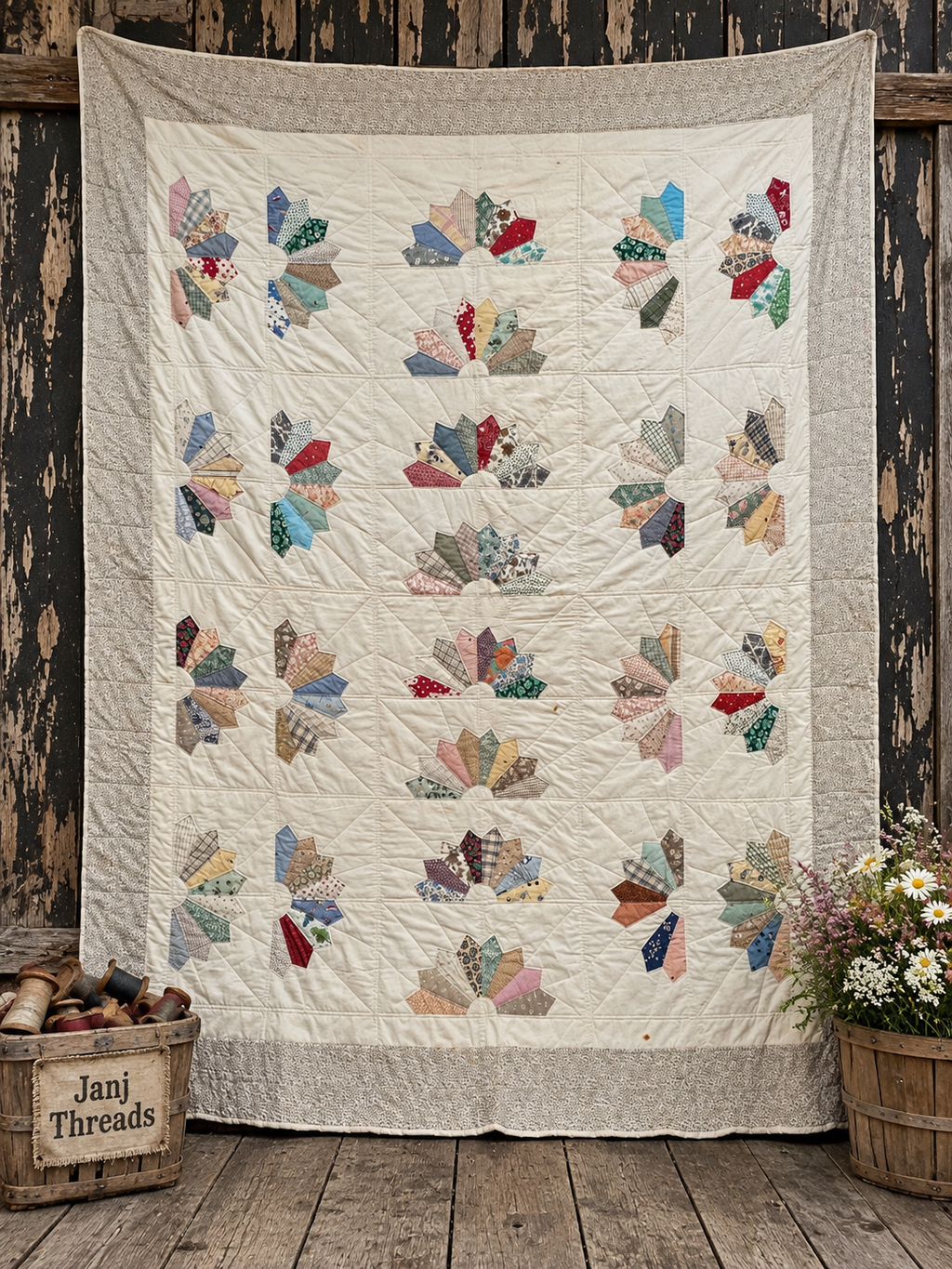 Vintage Quilt Scrappy Dresden Plate Variation
