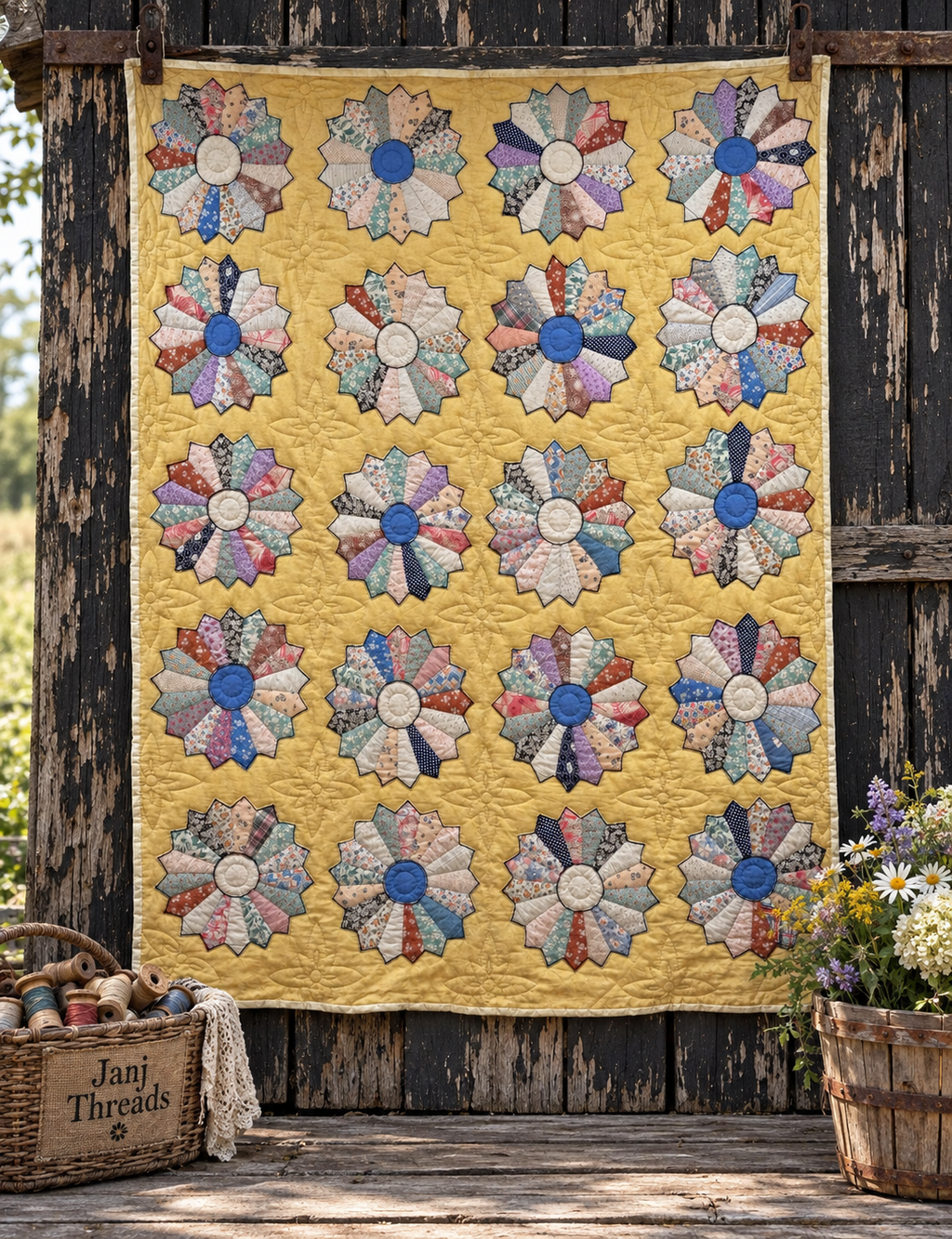 Vintage Quilt Yellow Feed Sack Dresden Plate