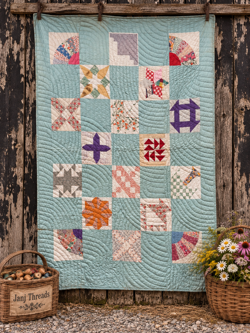 Vintage Quilt Sampler Block with Aqua Setting