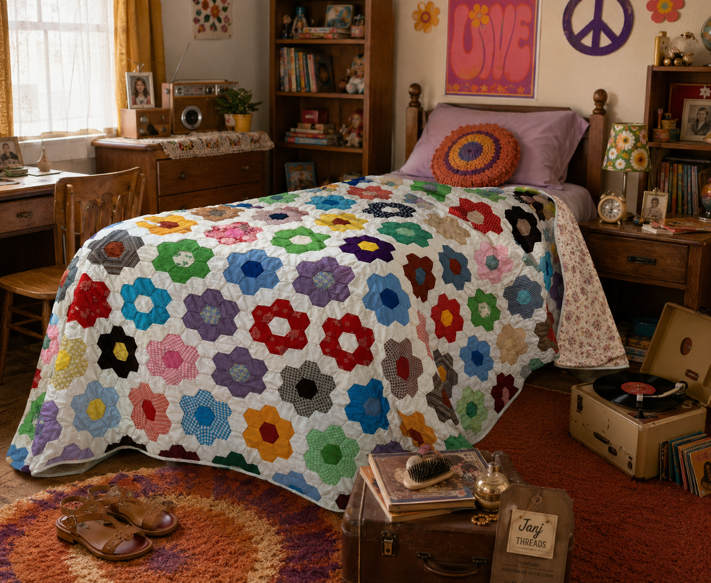 Vintage Grandmother's Flower Garden Quilt