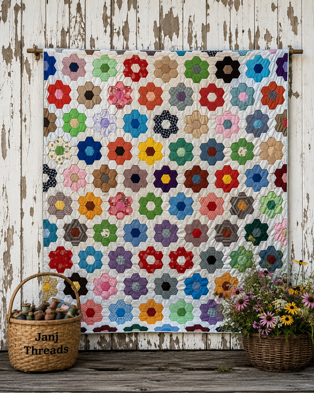 Vintage Grandmother's Flower Garden Quilt
