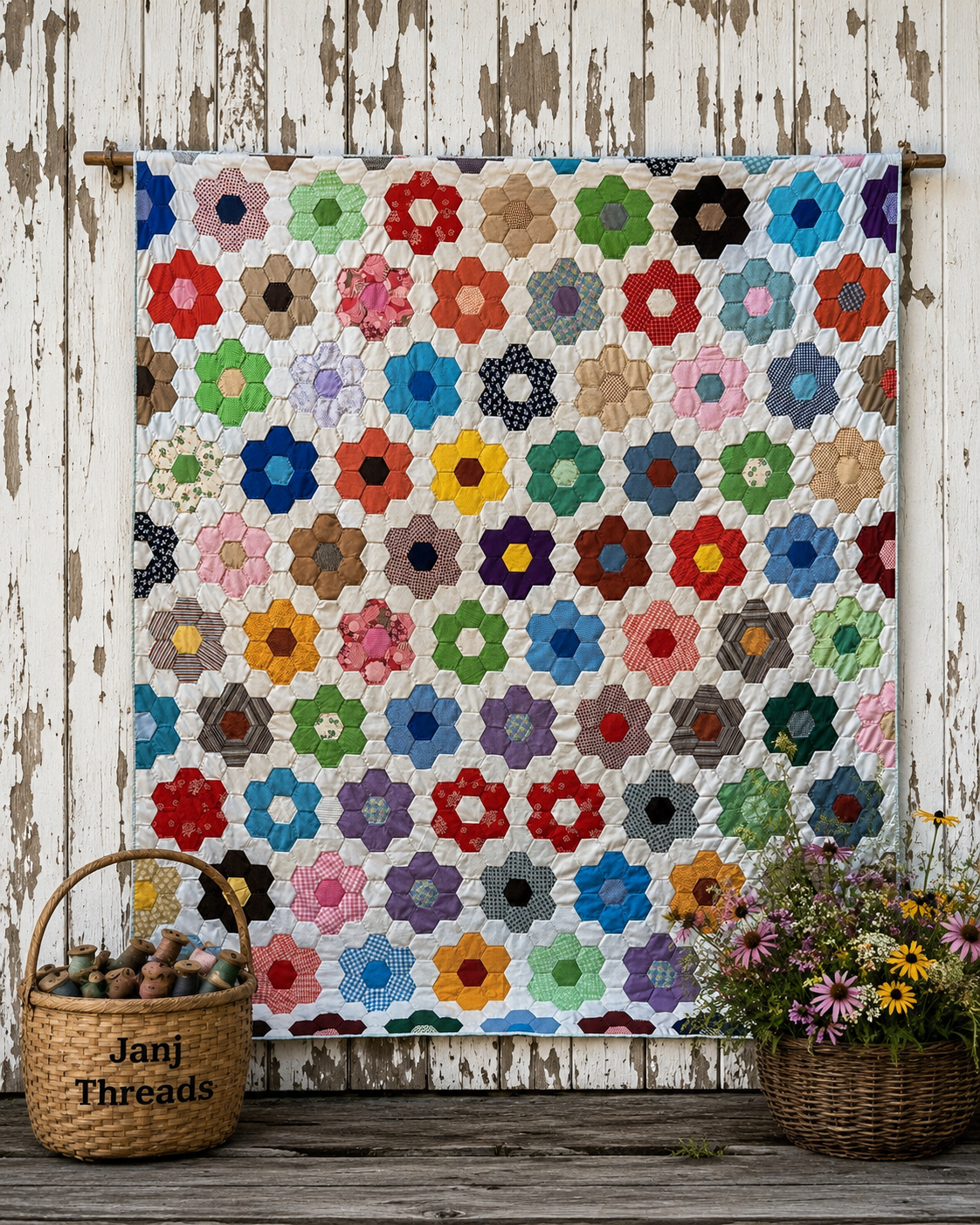 Vintage Grandmother's Flower Garden Quilt