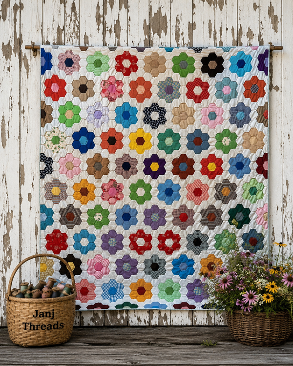 **SOLD Vintage Grandmother's Flower Garden Quilt  SOLD**