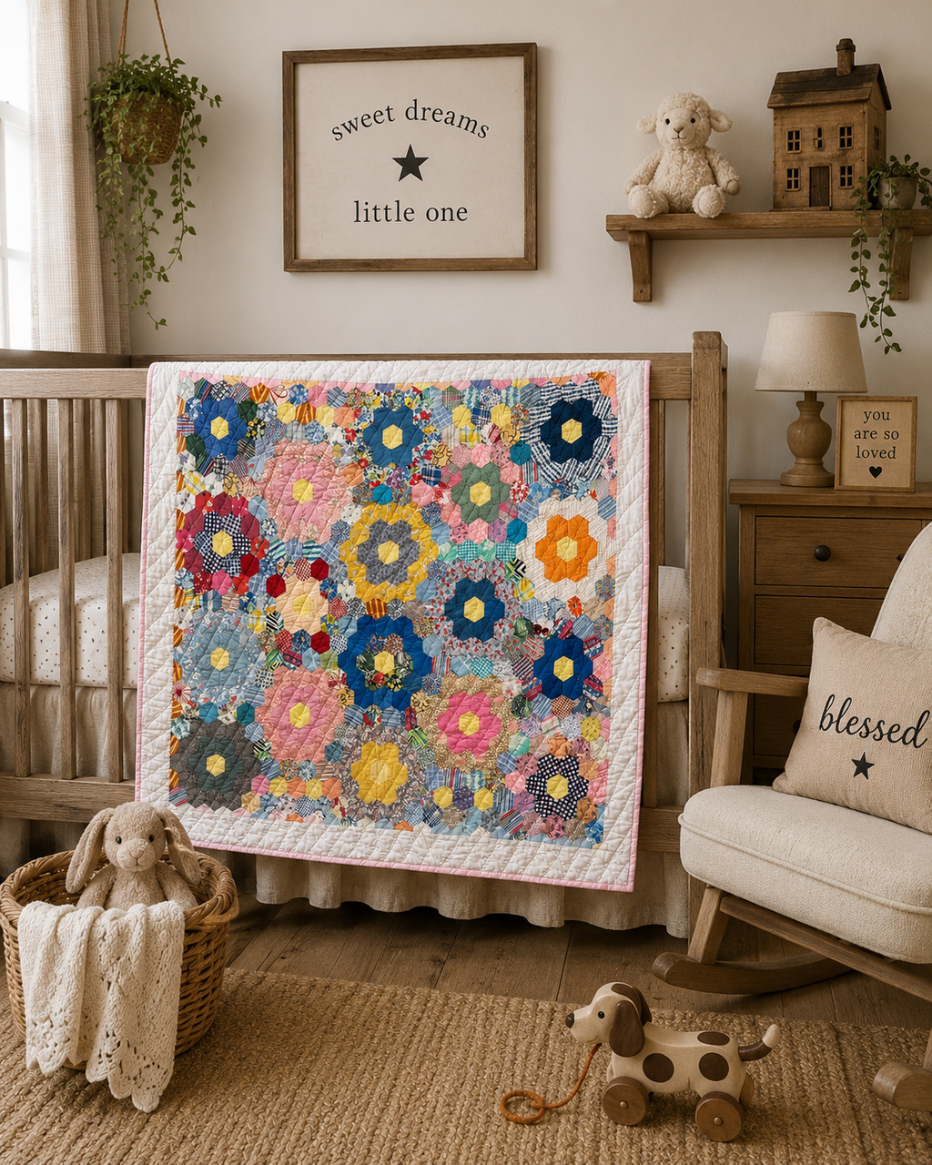 Vintage Grandmother's Flower Garden Crib Quilt