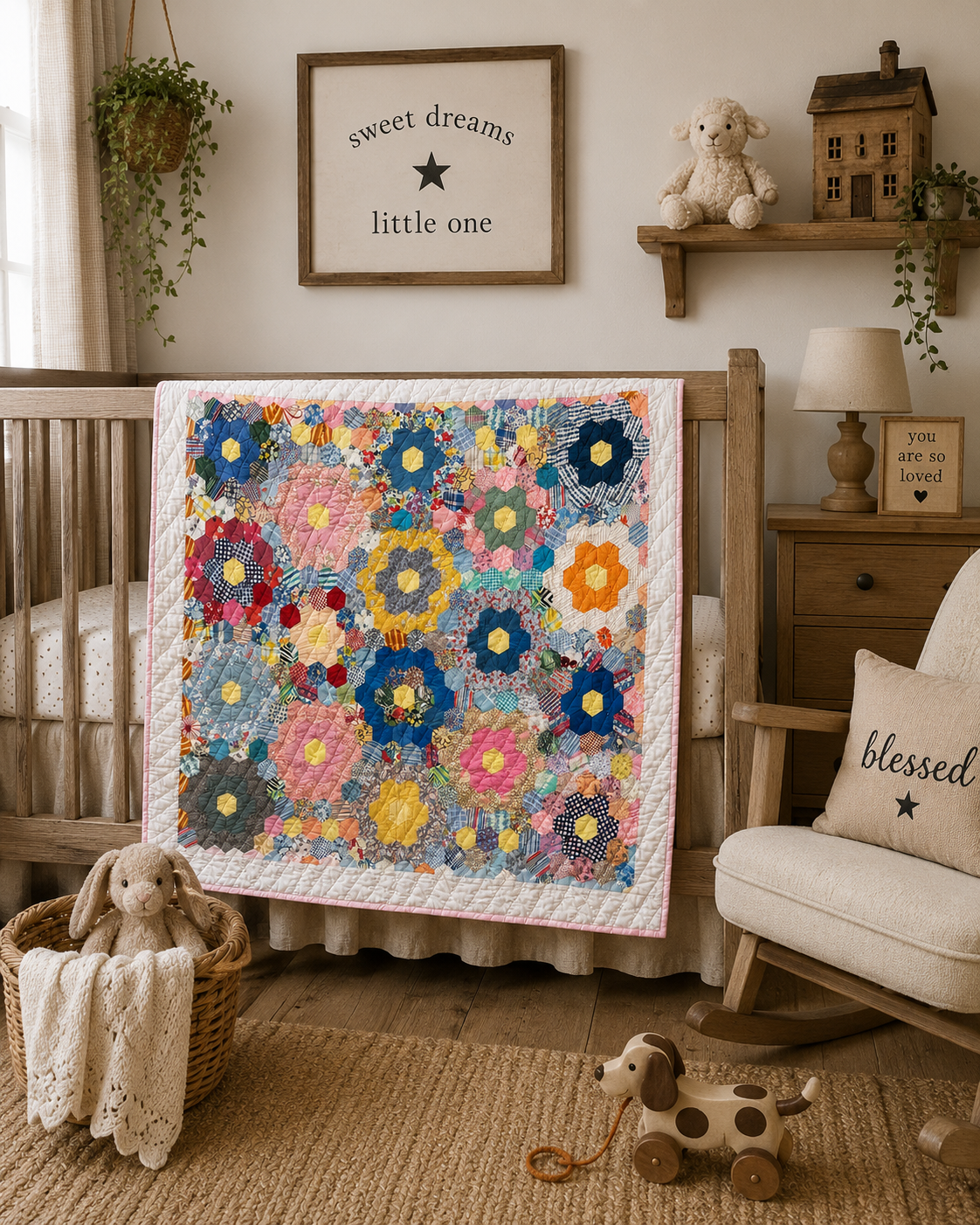 Vintage Grandmother's Flower Garden Crib Quilt