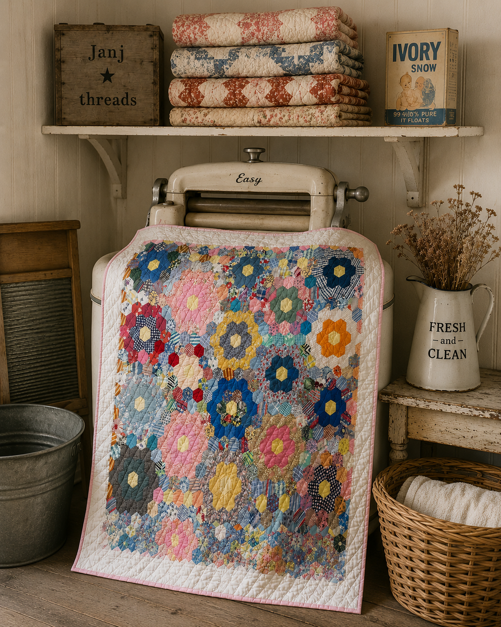 Vintage Grandmother's Flower Garden Crib Quilt