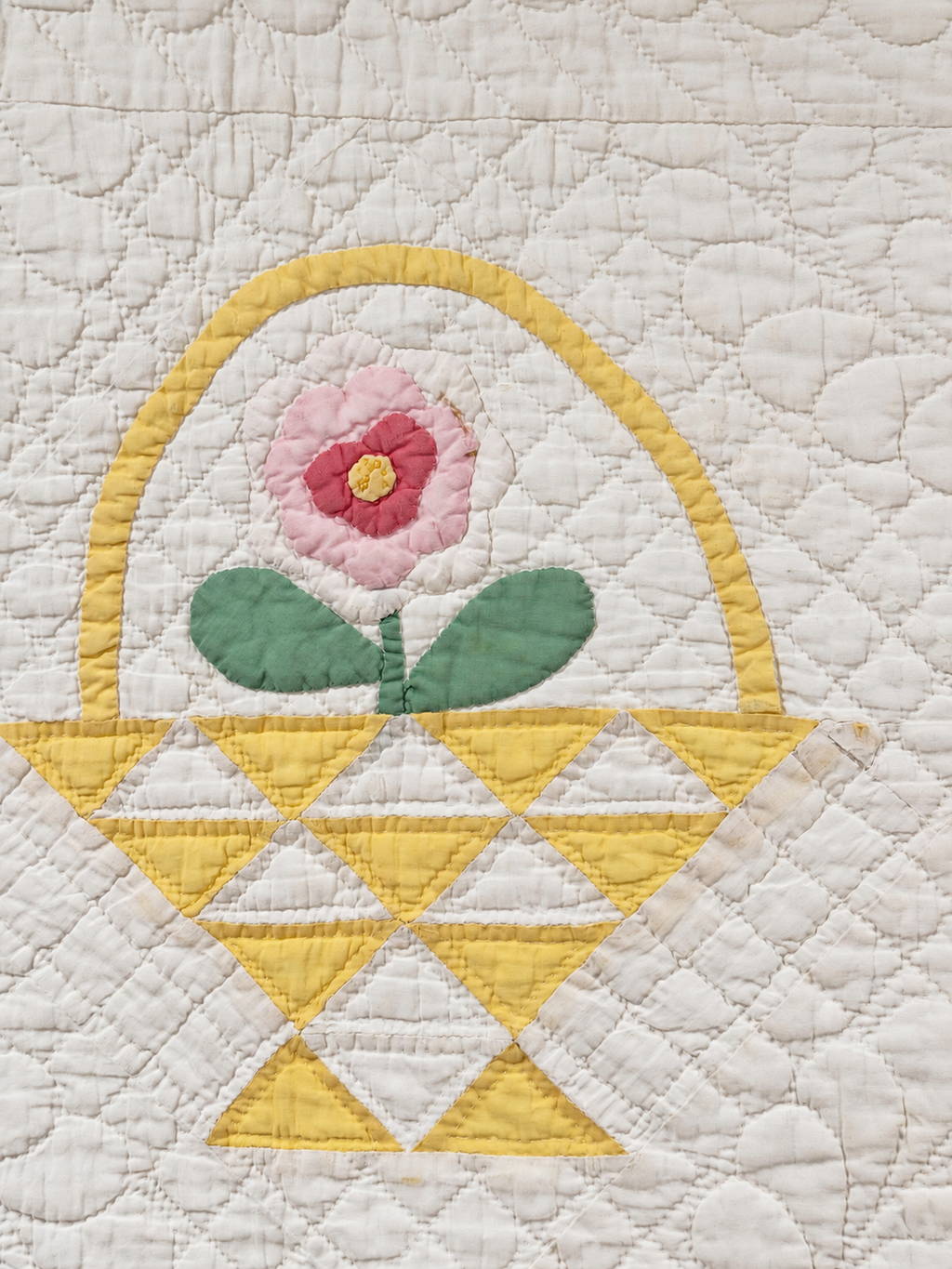 Vintage Quilt Yellow Pieced Flower Basket with Applique Flowers