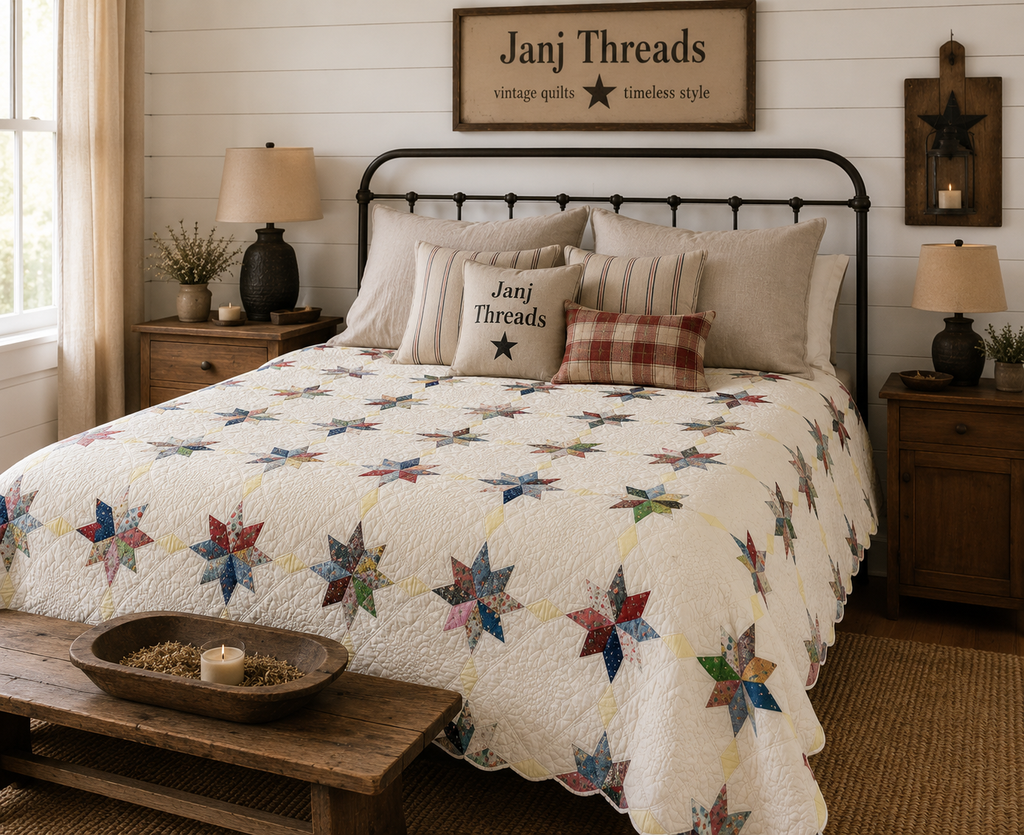 Vintage Eight-Point Star With Diamond Lattice Quilt