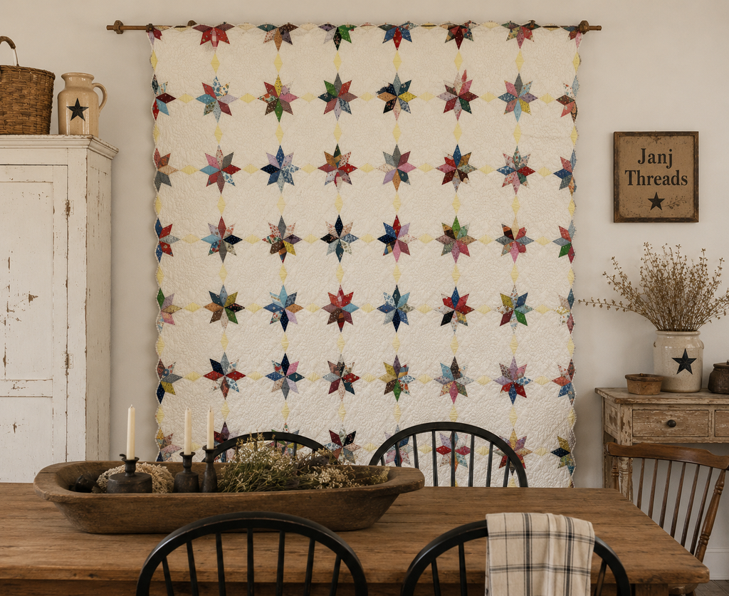 Vintage Eight-Point Star With Diamond Lattice Quilt