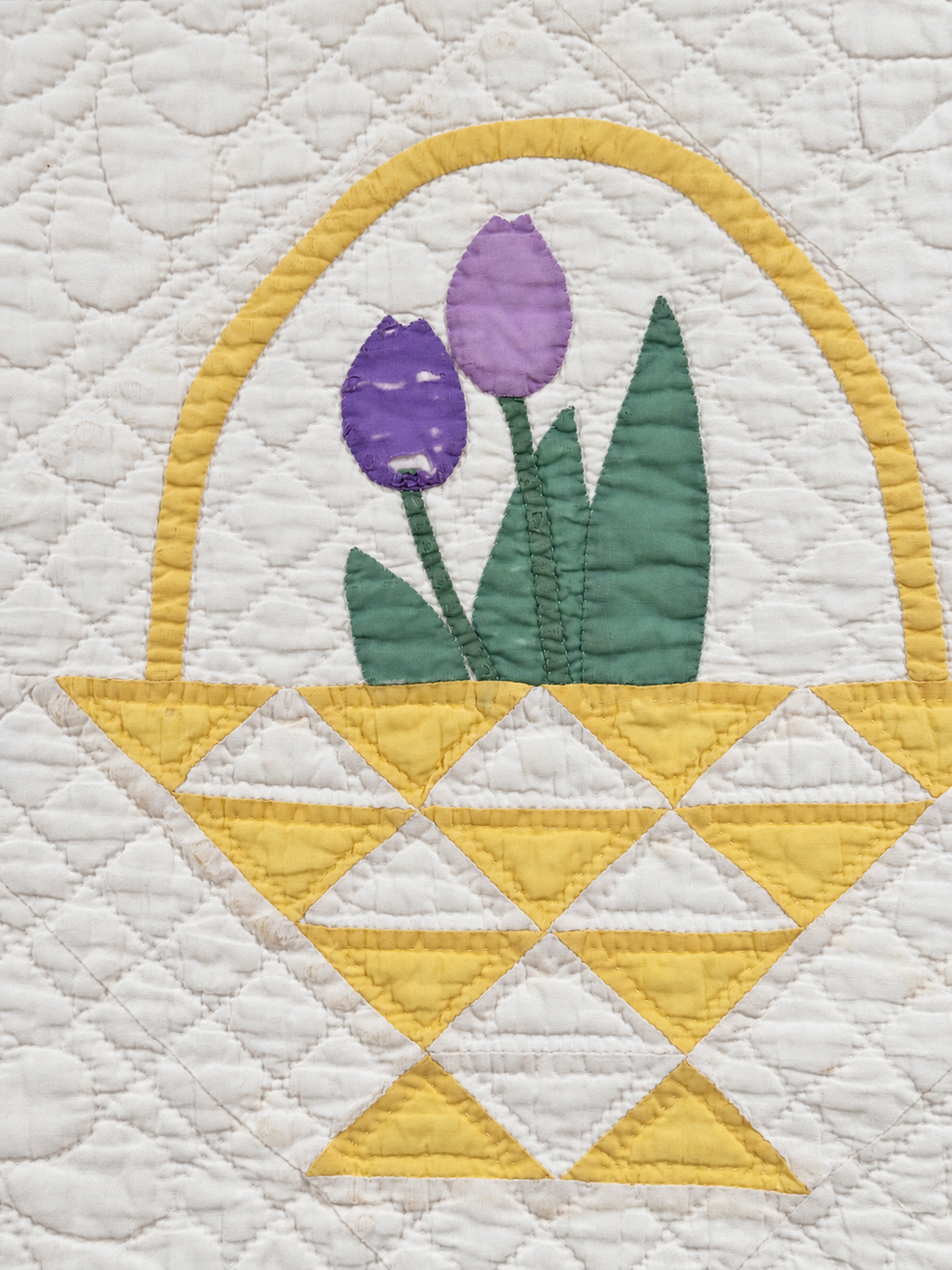 Vintage Quilt Yellow Pieced Flower Basket with Applique Flowers