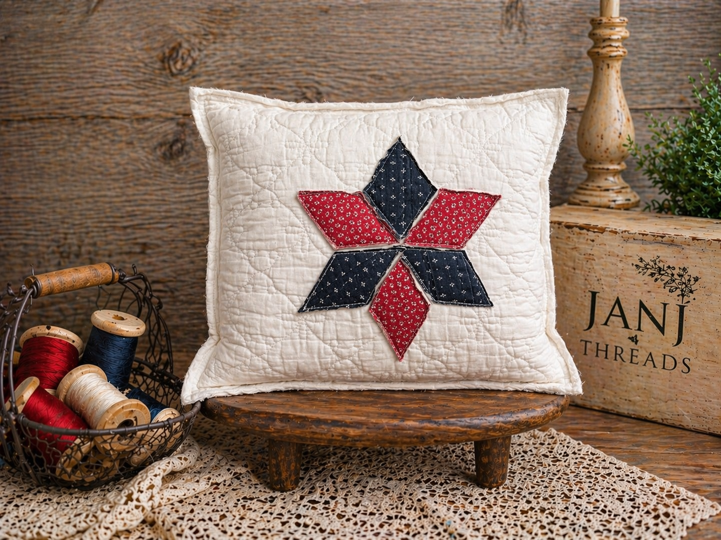 Rosie's Red, White and Blue Vintage Quilt - 6 Point Star Pillow