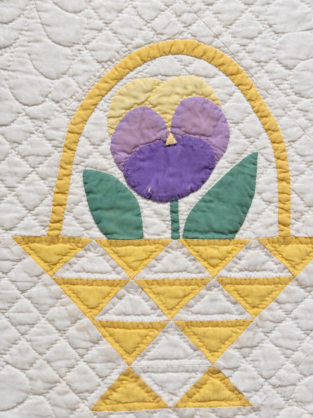 Vintage Quilt Yellow Pieced Flower Basket with Applique Flowers