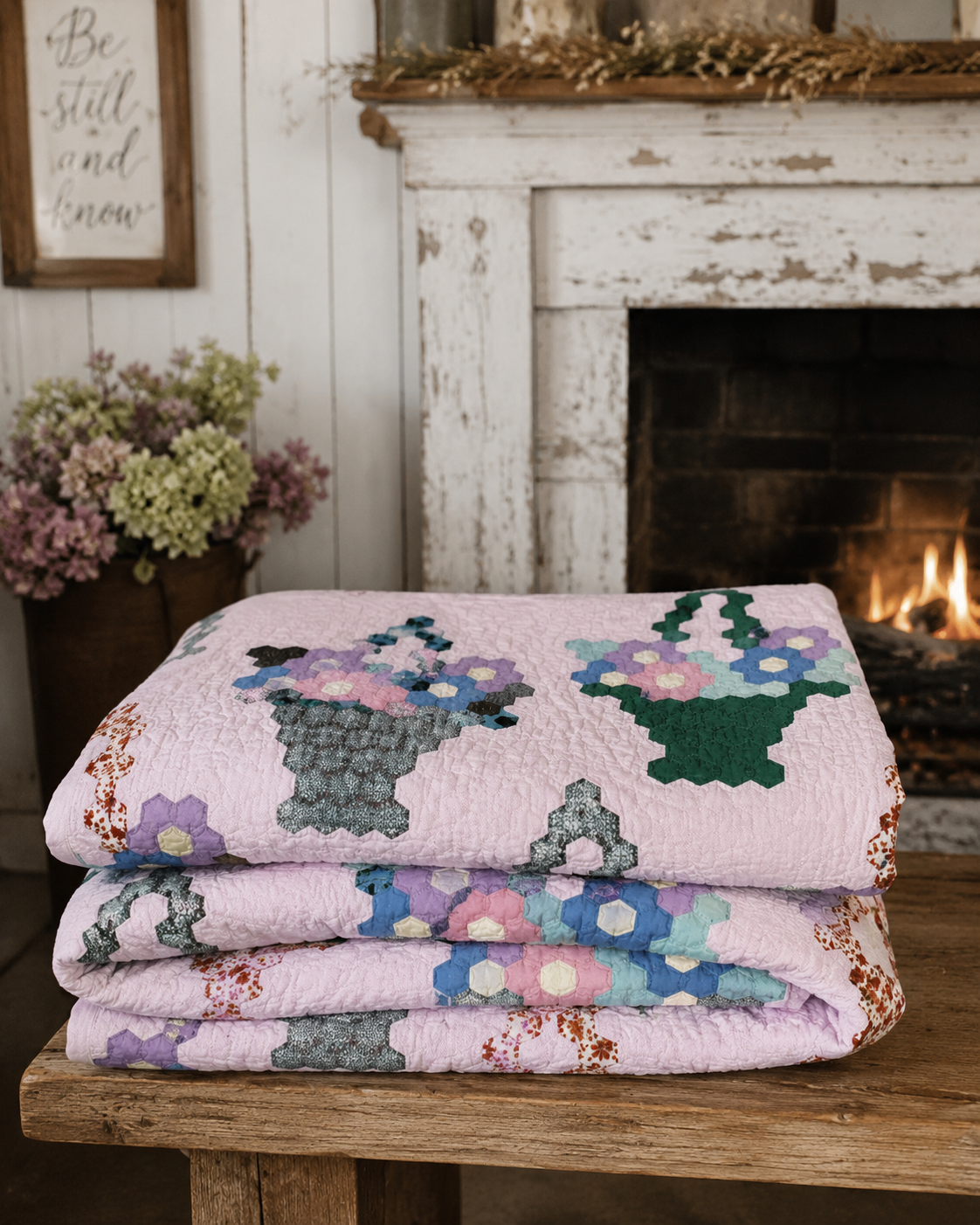 Vintage Hexagon Flower Basket Quilt