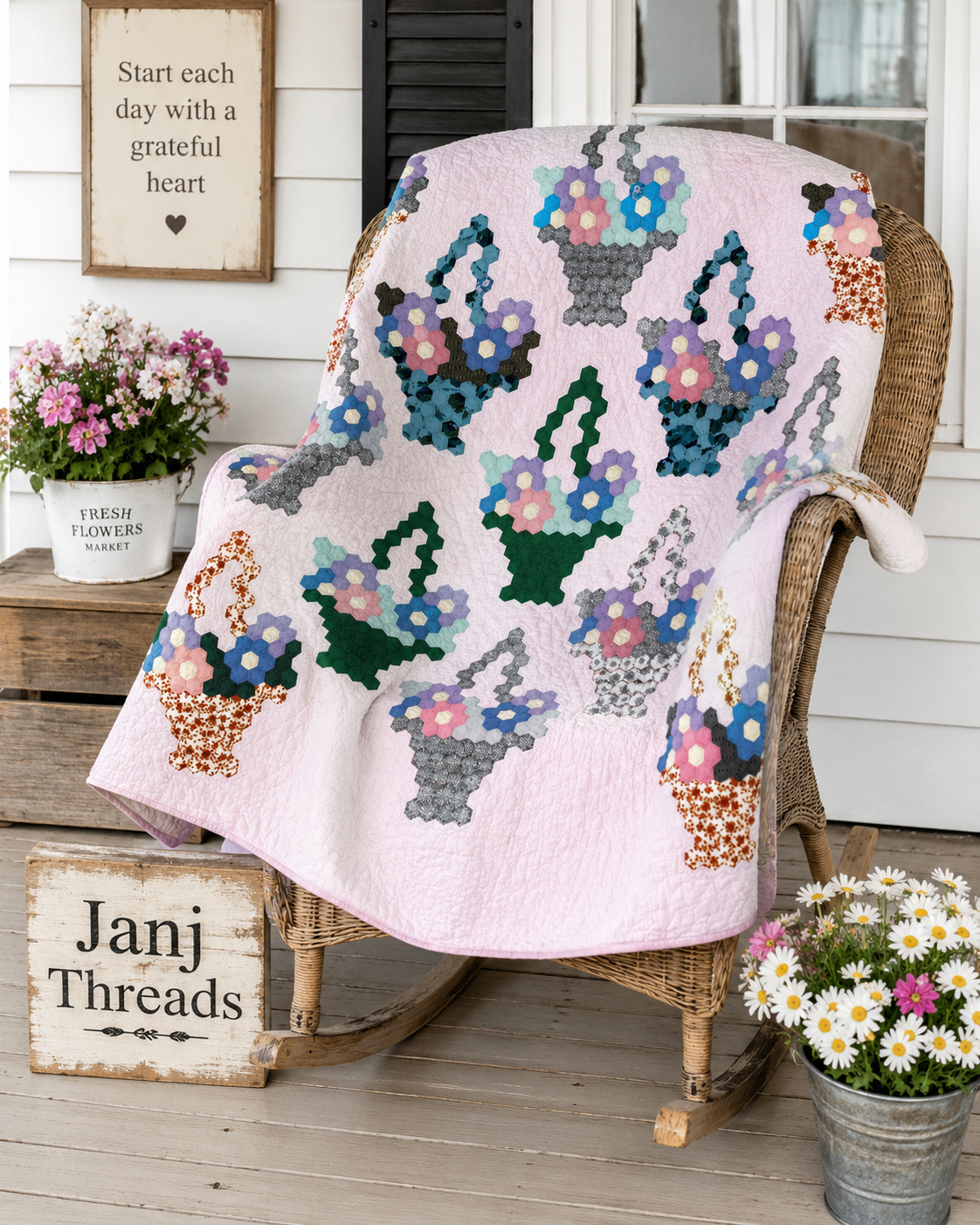 Vintage Hexagon Flower Basket Quilt