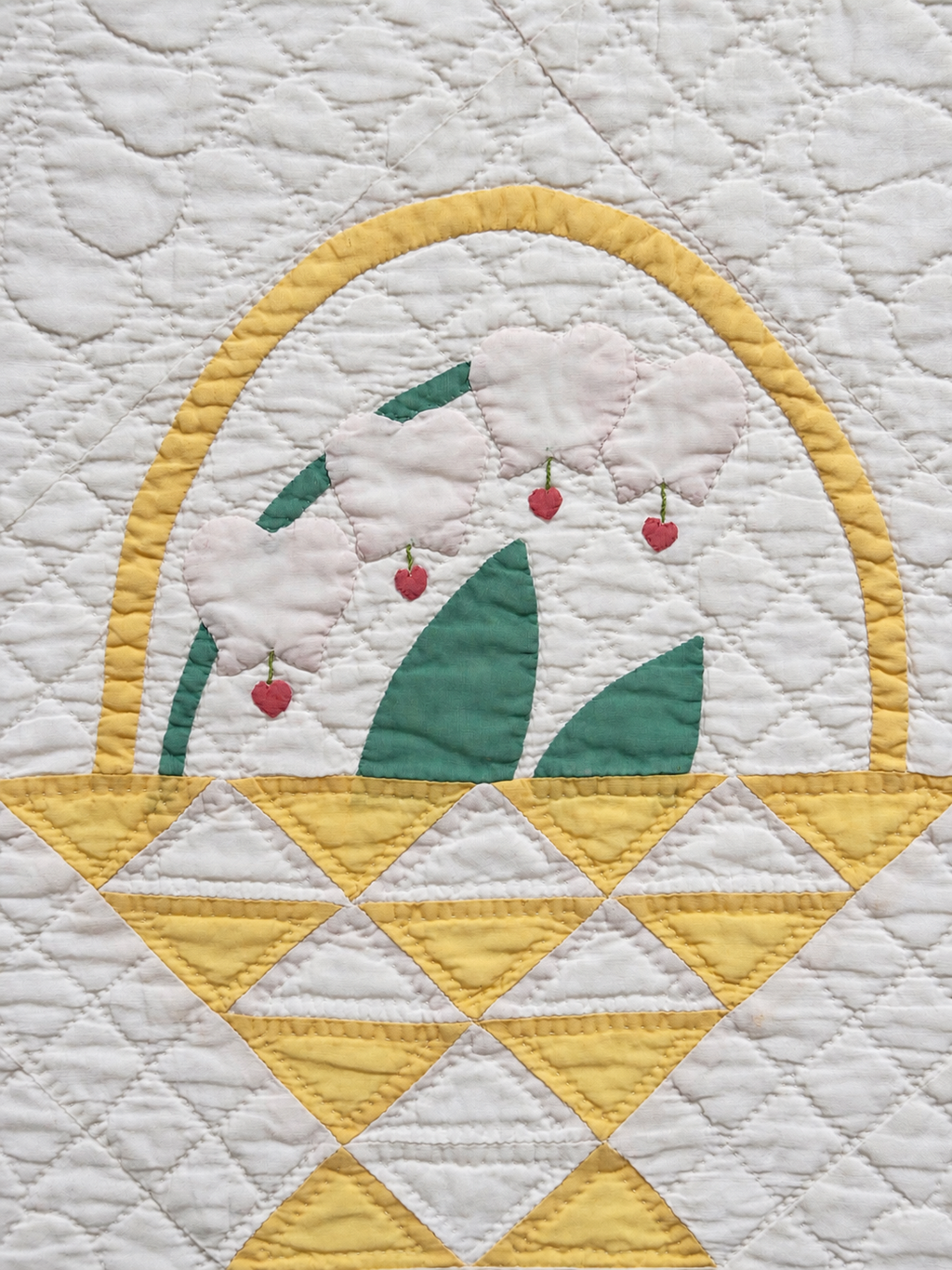 Vintage Quilt Yellow Pieced Flower Basket with Applique Flowers