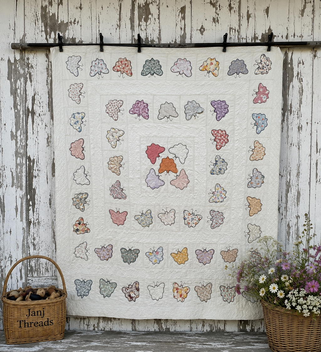 A quilted fabric panel featuring butterfly appliques in various colors and patterns, hung on a rustic white wooden wall. A wicker basket labeled 'Janj Threads' sits on the left, and a basket of flowers sits on the right.