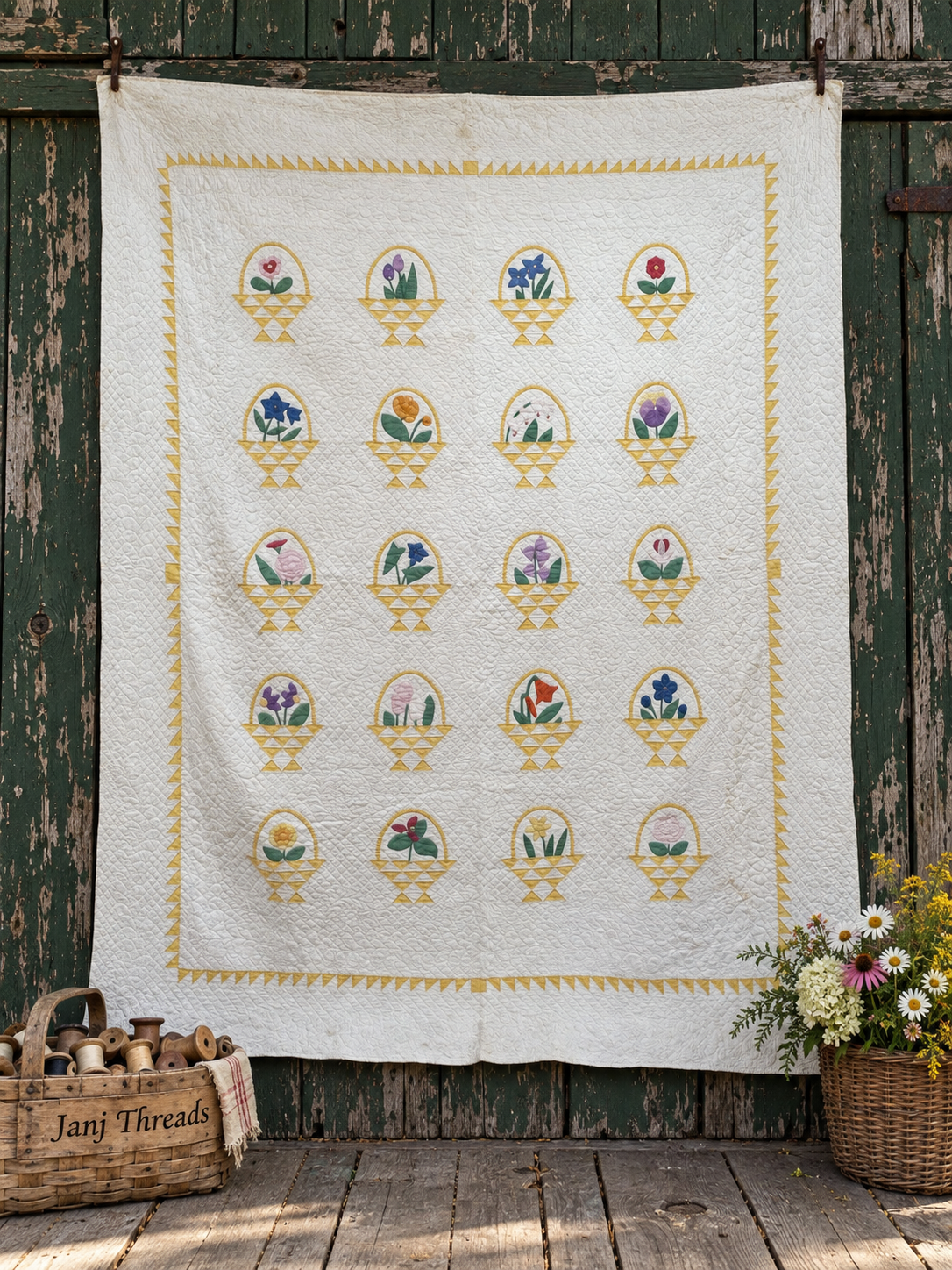 A vintage-style quilted blanket or throw hanging against a weathered green wooden wall. The white fabric features a yellow stitched border and rows of small floral basket motifs in multiple colors.