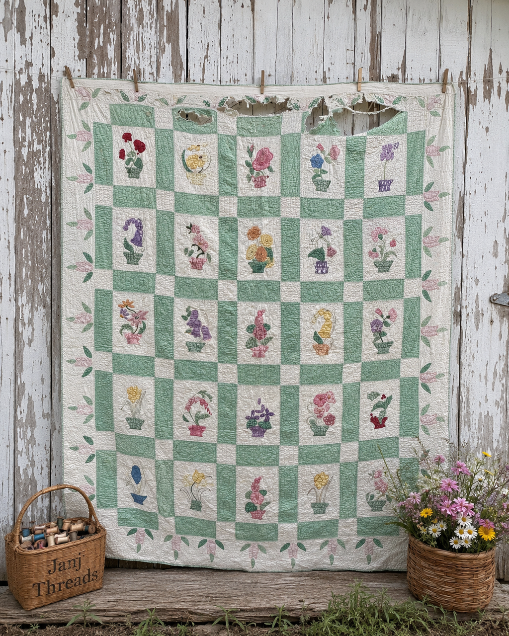 A vintage-style floral patchwork quilt hanging on a weathered white wooden wall, with a basket of threads on the left and a flower basket on the right.