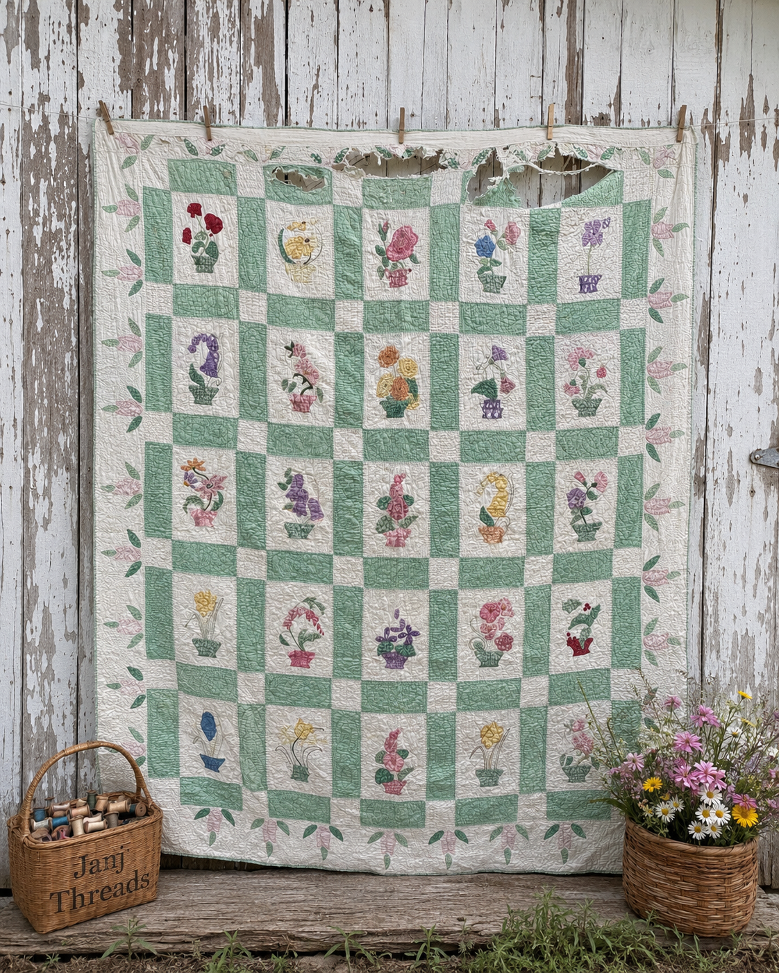 A vintage-style floral patchwork quilt hanging on a weathered white wooden wall, with a basket of threads on the left and a flower basket on the right.