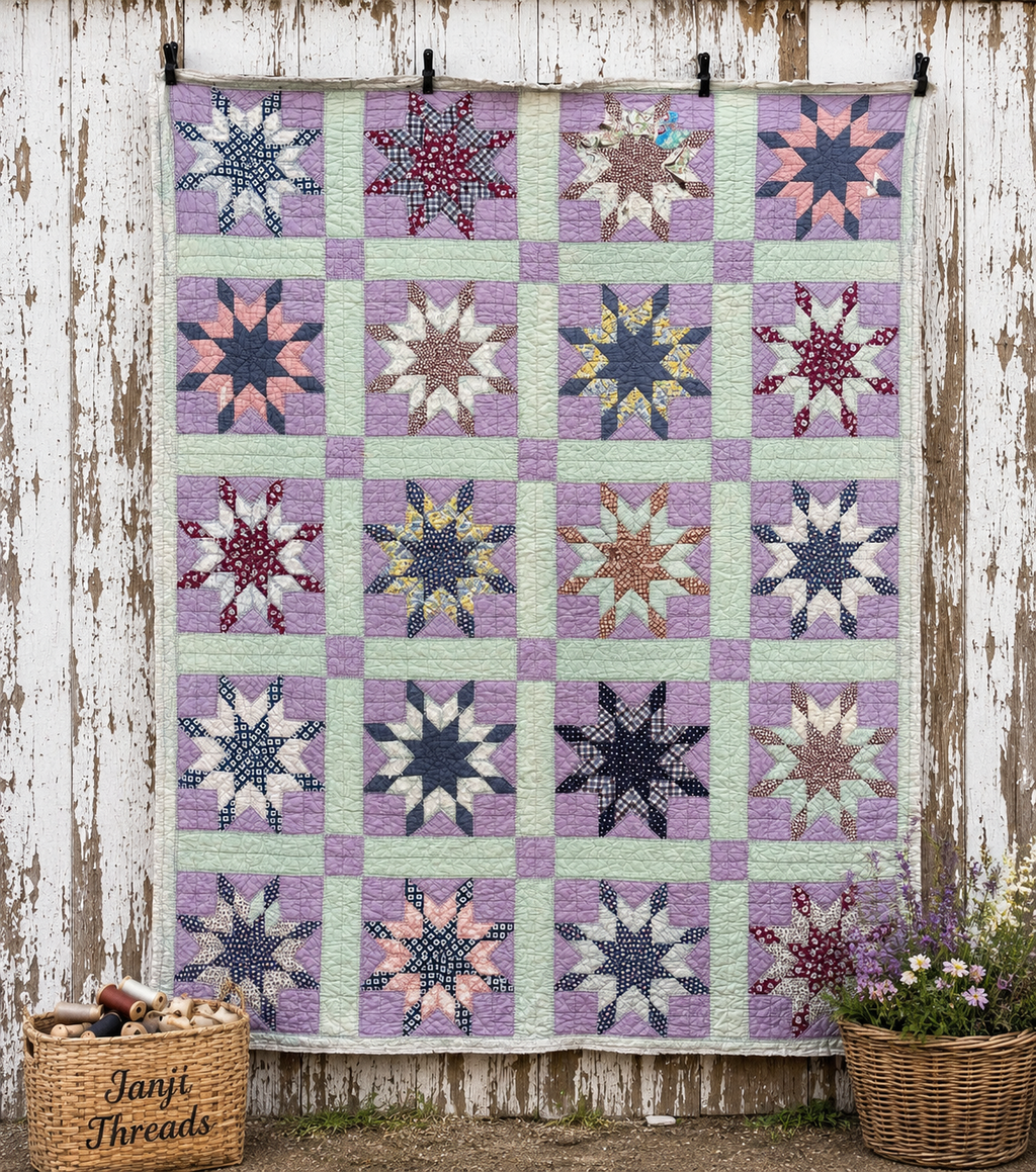 A vintag Blazing Star  handmade quilt featuring a grid of starburst patterns in lavender, mint green, pink, navy, and beige, hanging on a rustic white-painted wooden wall. Two wicker baskets with floral arrangements sit on the ground at the bottom corners, and the brand name 'Janji Threads' is printed on the left basket.