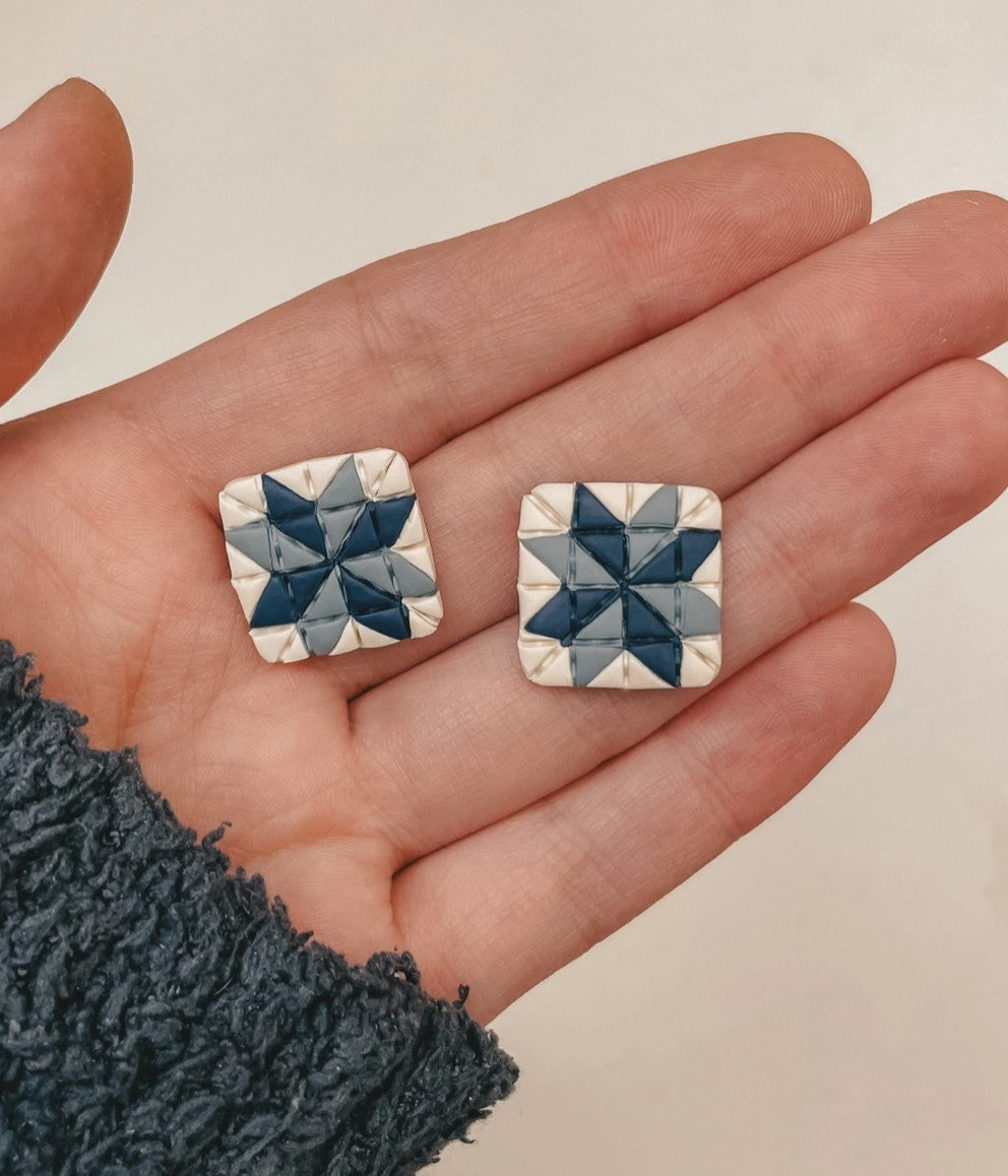 Blue Jean Night Quilt Block Stud Earrings by Sydni Carlson Art