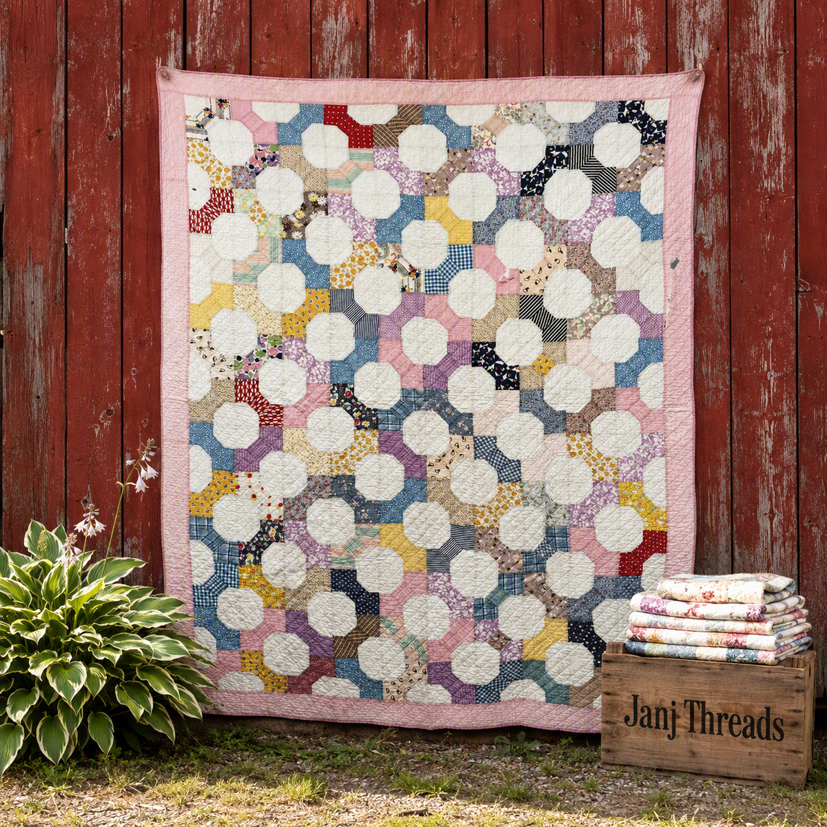 A quilted textile blanket with a geometric patchwork design of pink, blue, yellow, and white circular motifs is draped against a weathered red wooden fence. A wooden crate labeled 'Janj Threads' with folded matching quilts sits at the bottom right, and a green plant is at the bottom left.