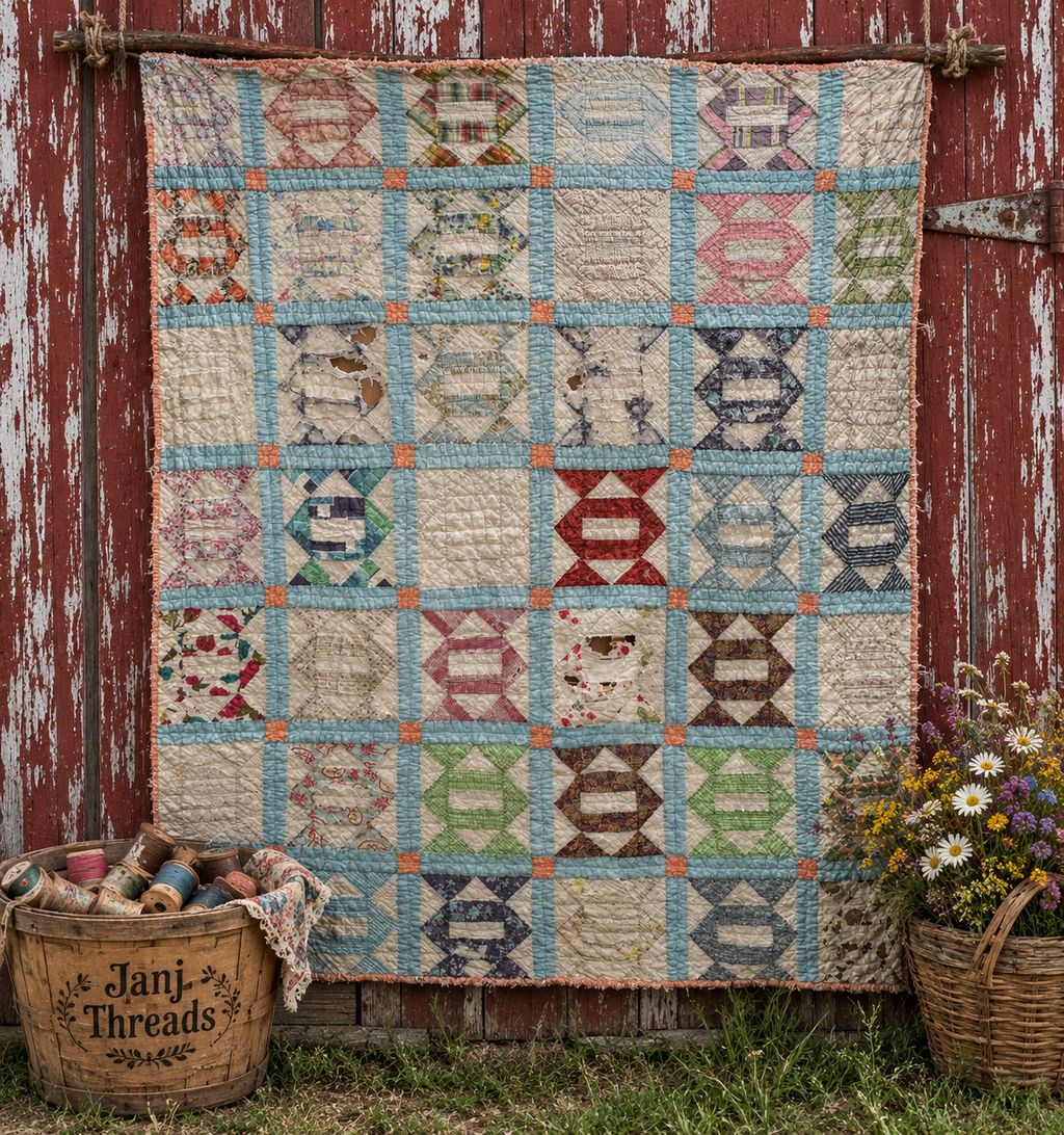 Broken Path Variation quilt, a vintage-style patchwork quilt with a grid of geometric and floral blocks in muted pastel and earthy tones, hanging on a rustic red wooden barn door. A wicker basket of spools of thread sits on the left, and a basket of wildflowers sits on the right, with grass visible at the bottom.