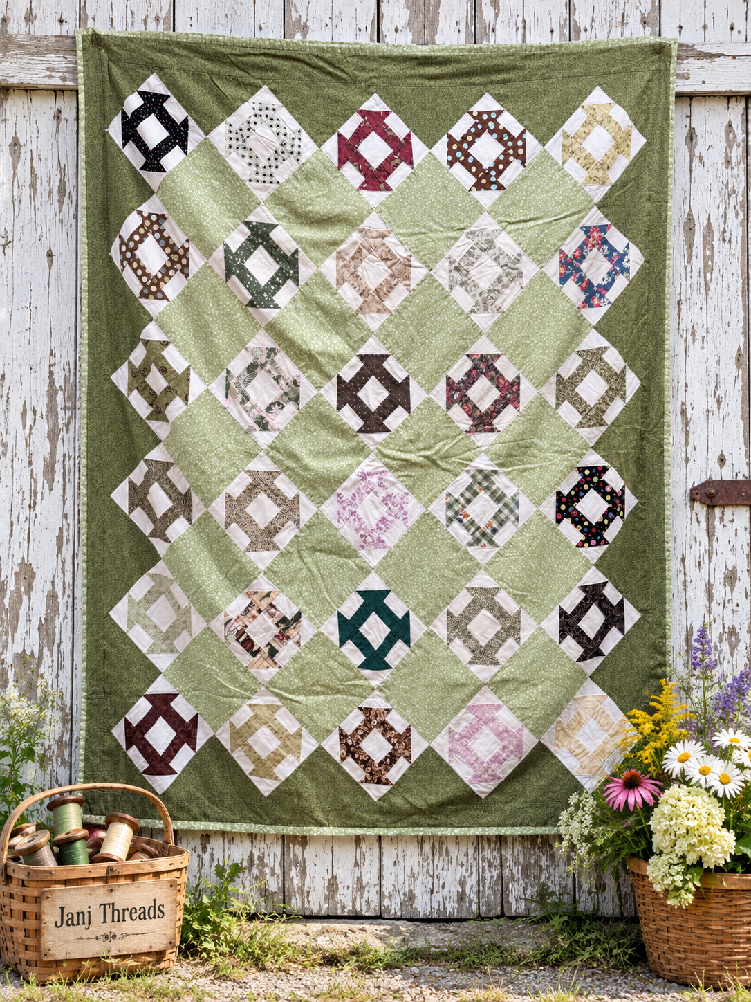 A handmade quilted patchwork blanket with a sage green background and diamond-shaped blocks in various floral and geometric patterns, hanging on a rustic white-painted wooden fence with decorative baskets and flowers.