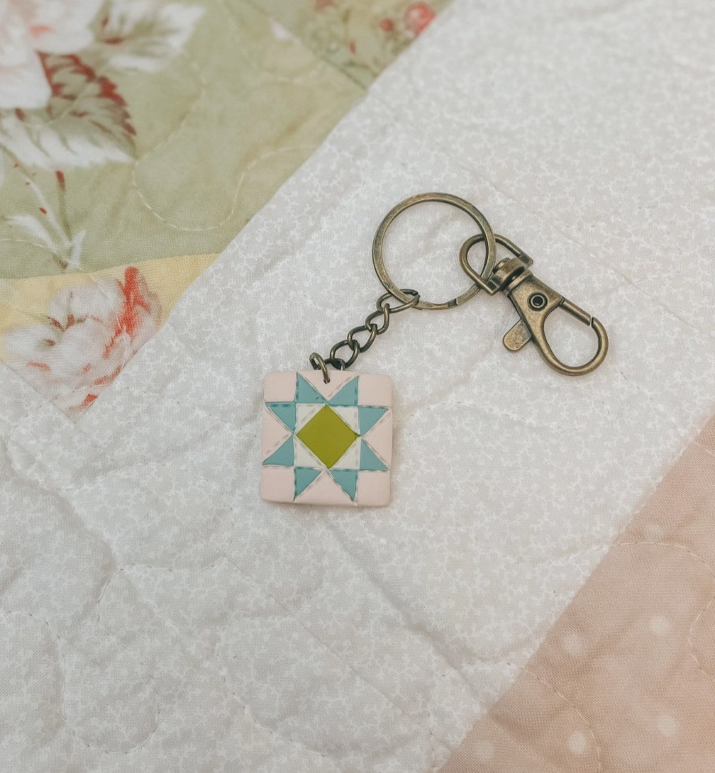 Cottage Bliss Quilt Block Keychain by Sydni Carlson Art