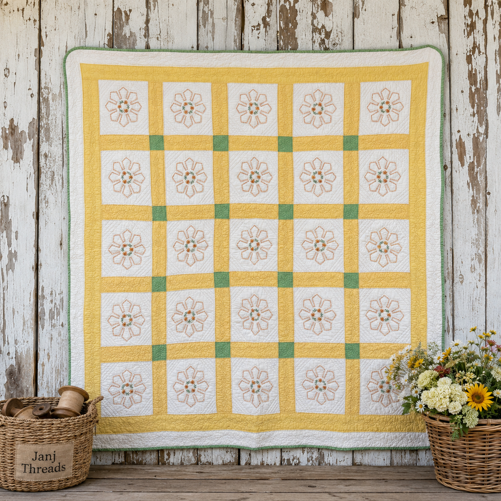 A handmade quilted patchwork blanket with a yellow and white floral design, styled on a rustic wooden background with a basket of flowers and a wicker bag labeled 'Janj Threads'.
