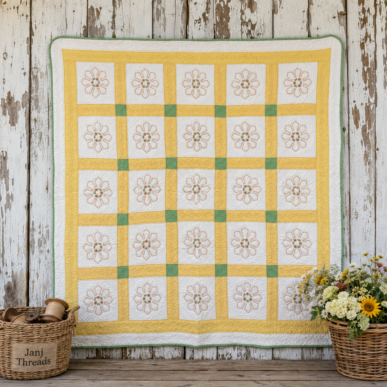 A handmade quilted patchwork blanket with a yellow and white floral design, styled on a rustic wooden background with a basket of flowers and a wicker bag labeled 'Janj Threads'.