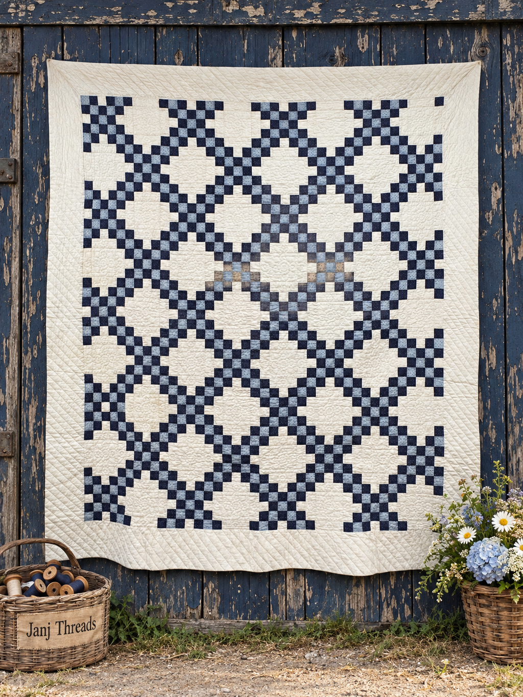 A large quilted patchwork blanket with a navy blue and cream geometric lattice pattern is hung against a weathered dark blue wooden barn wall. A woven basket of thread spools sits on the left, and a small flower pot with daisies and blue hydrangeas sits on the right.