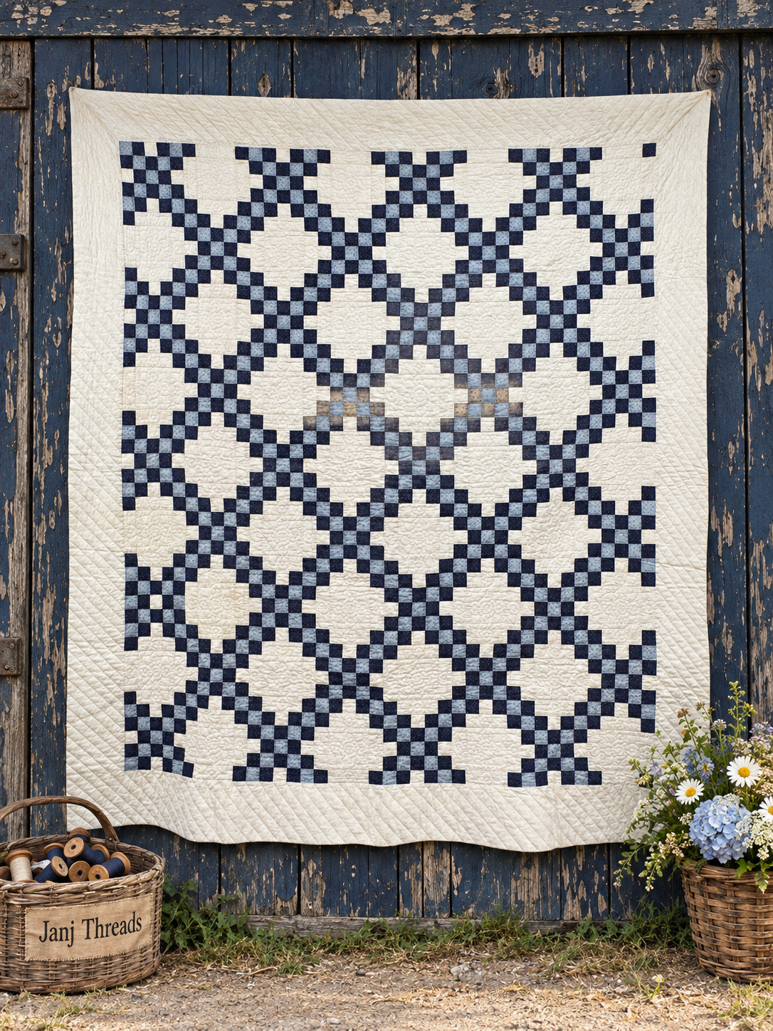 A large quilted patchwork blanket with a navy blue and cream geometric lattice pattern is hung against a weathered dark blue wooden barn wall. A woven basket of thread spools sits on the left, and a small flower pot with daisies and blue hydrangeas sits on the right.