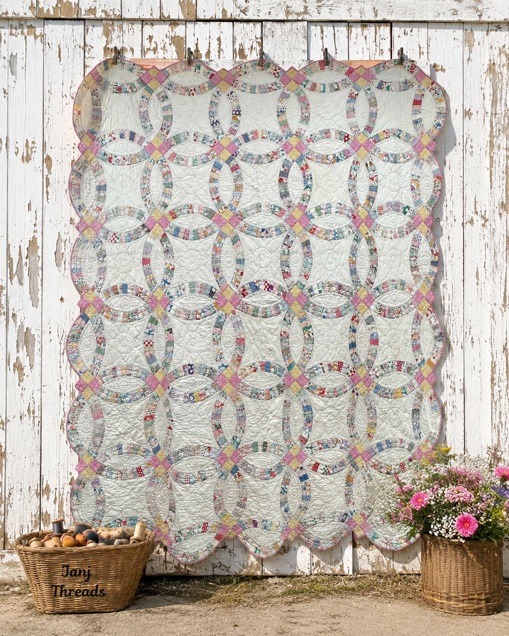 A handmade quilted patchwork quilt with a scalloped edge, featuring repeating interlocking circle patterns in pastel colors, hanging against a weathered white wooden wall. A wicker basket labeled 'Jan Threads' with eggs sits on the left, and a wicker basket with pink flowers sits on the right.