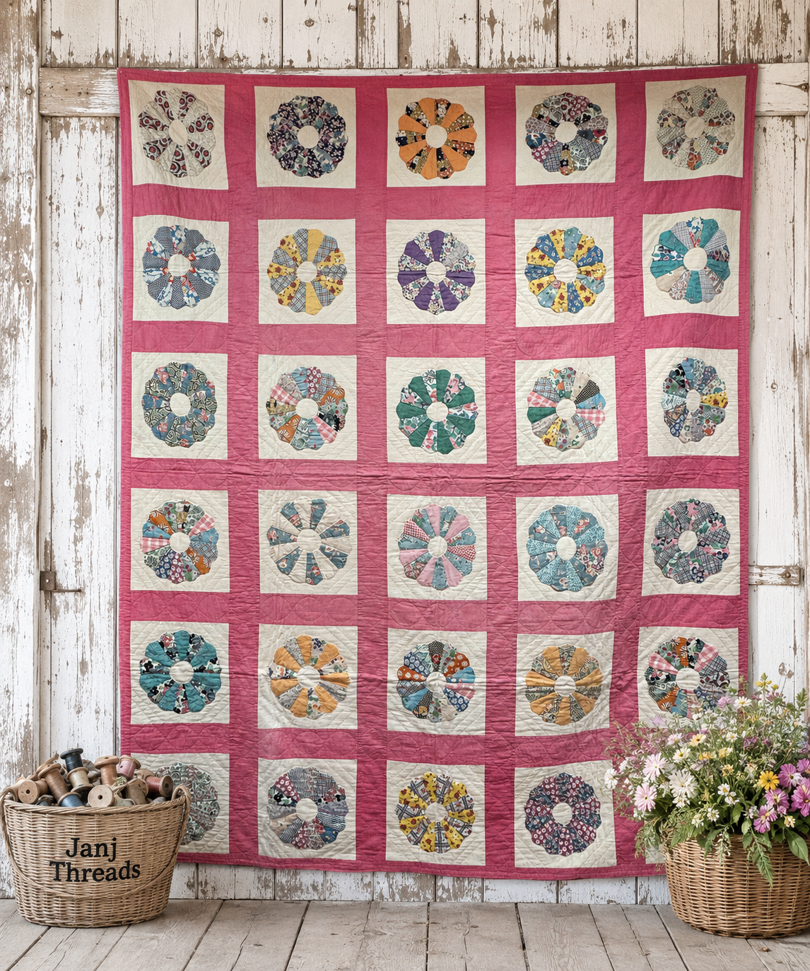A handmade Dresden Plate quilt featuring a grid of colorful circular patchwork medallions on a pink background, hung against a rustic white wooden wall with baskets of flowers and yarn at the bottom.