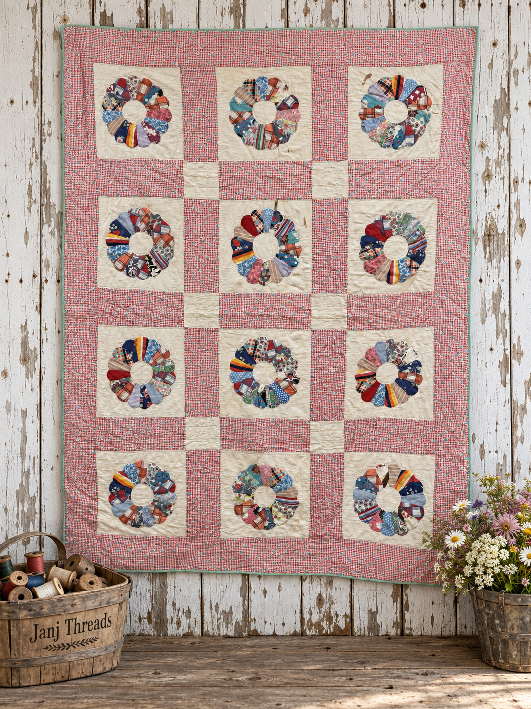 Vintage Quilt Calico Sash Dresden Plate Variation