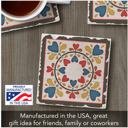 Folk Hearts & Flowers Single Absorbent Stone Tumbled Tile Coaster