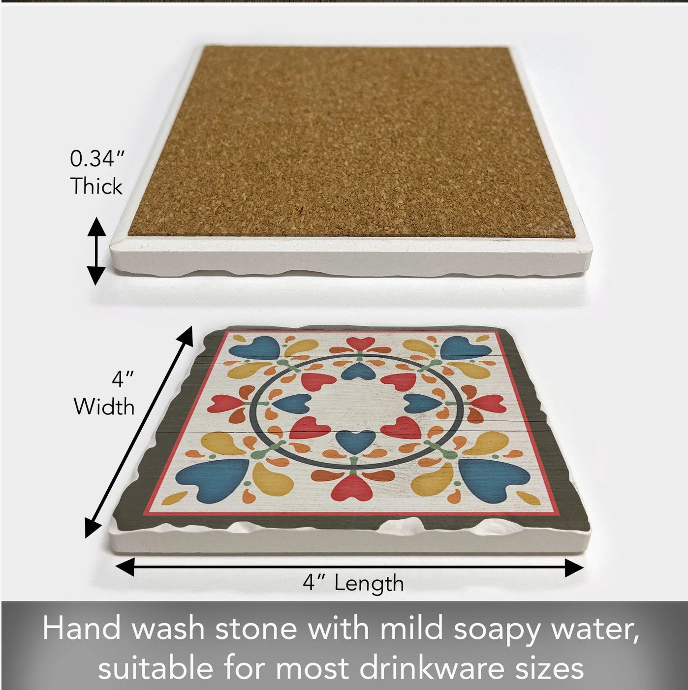 Folk Hearts & Flowers Single Absorbent Stone Tumbled Tile Coaster