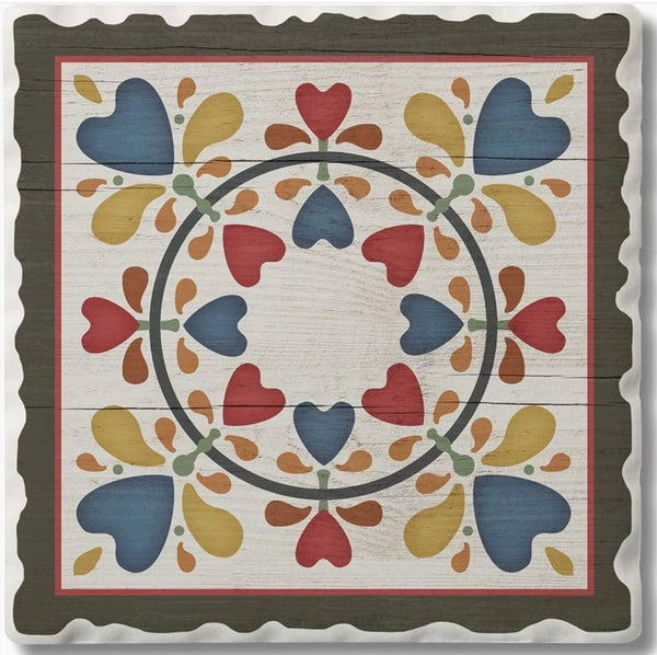 Folk Hearts & Flowers Single Absorbent Stone Tumbled Tile Coaster
